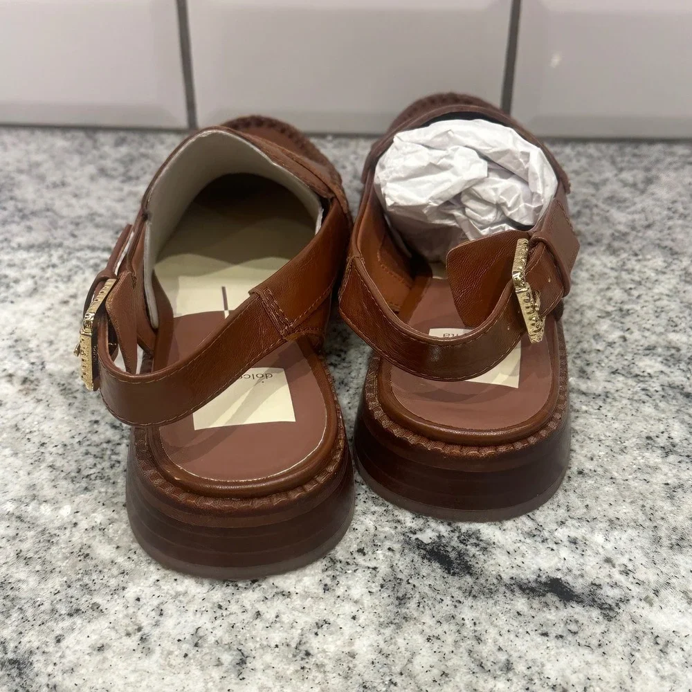Dolce Vita Womens 6 Slingback Loafers Cognac Leather Buckle Preppy Dark Academia